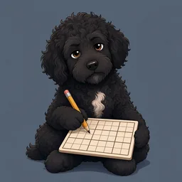 Teddy, an adult black Australian labradoodle drawn in anime style, holding a pencil over a sudoku grid